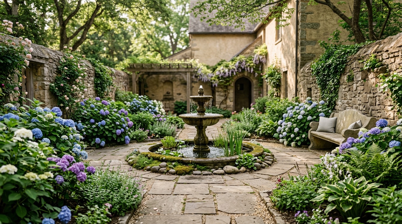 분수와 수국이 어우러진 고요한 정원 마당